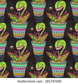 Seamless muscipula flower pattern background. Carnivorous plant texture
