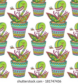 Seamless muscipula flower pattern background. Carnivorous plant texture