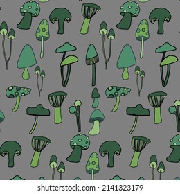Patrón de doodle de setas sin foco. Tono verde sobre fondo gris. Ilustración vectorial. Patrón en los swatches.
