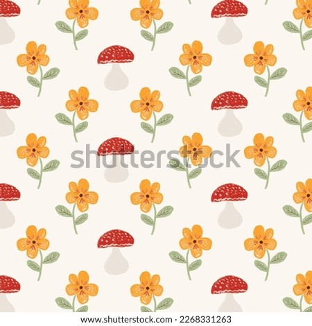 Seamless mushroom and flower pattern with crayon hand drawn. İllustration of cute crayon picnic elements. Vector art. Perfect for textile, kids fashion, wallpaper, wrapping, background and fabrics