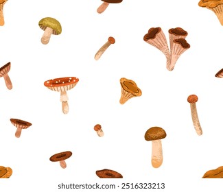 Seamless mushroom pattern. Autumn fungi, endless background, texture. Forest fungus, repeating fall print for textile, fabric, wrapping, wallpaper design. Repeatable printable flat vector illustration