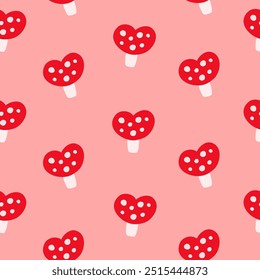 Seamless mushroom pattern in cartoon style. Cute trendy design. Vector funky illustration. seamless mushrooms in heart shape on orange background.