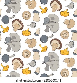 Seamless mushroom pattern with champignons, shiitake, king and regular oyster mushrooms, chanterelle