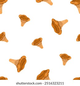 Padrão de cogumelos sem costura com chanterelles. Fundo de outono sem fim, repetido outono imprimir, textura com fungos da floresta. Ilustração de vetor plana para empacotamento, têxtil, papel de parede, design de tecido