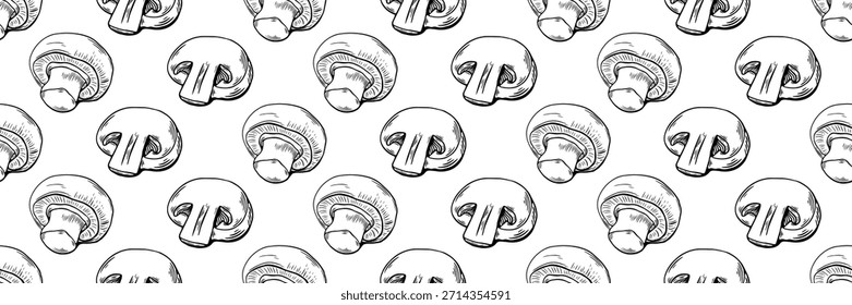 Seamless mushroom pattern in hand drawn black and white style