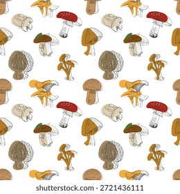 Padrão de cogumelos sem costura com fungos florestais desenhados à mão no estilo de ilustração moderno