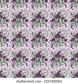 Seamless mushroom pattern in lilac, pink, purple and olive green. Ideal for backgrounds, planners, packaging and textiles