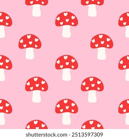 Seamless mushroom pattern with little hearts in cartoon style. Cute trendy design. Vector funky illustration. seamless little hearts. Pink background.