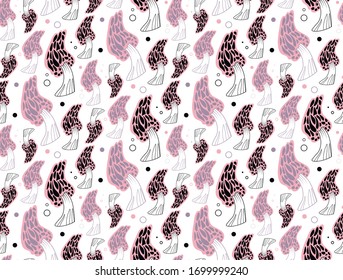 Seamless mushroom pattern in pink and black colors