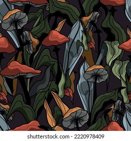 Seamless mushroom pattern. Porcini mushrooms, chanterelles, champignons, fly agarics. A set of ingredients for a witch's potion. Cartoon style. Design for textiles.