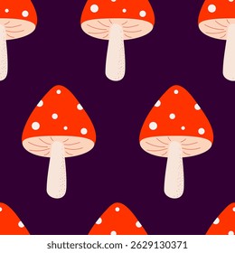 Seamless mushroom pattern with a red cap and white dots on a dark background. Vector seamless pattern.