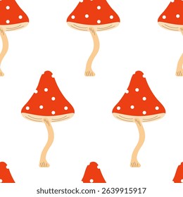 Seamless mushroom pattern with a red cap and white dots on a white background. Vector seamless pattern.
