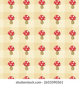 Patrón de setas sin fisuras con setas manchadas rojas sobre fondo de guinga beige, diseño caprichoso del Vector forestal, muestra repetida en el panel de muestras

