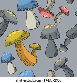 seamless mushroom pattern. vector design for fashion, fabric, wallpaper and all prints on background earth tone color.Tropical botanical Motifs.