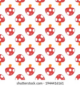 Seamless mushroom vector pattern. Repeat spring background with cute fungus elements. Trendy forest fashion print design. Modern illustration.