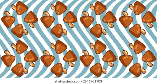 Seamless Mushroom Wave Pattern. Brown mushrooms with wavy blue and white background in a seamless cartoon flat style. Warm earthy tones with dynamic modern decor.