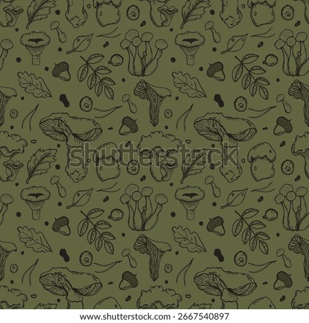 Seamless mushrooms and acorns pattern on earthy olive green. Natural woodland vibe for autumn fabric, wrapping, and eco design.
