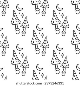 Seamless mushrooms background. Background for Halloween party. Amanita Vector illustration 