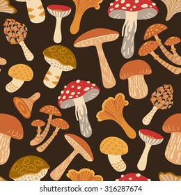 Seamless  mushrooms pattern. Colorful illustration of mushrooms on brown background.