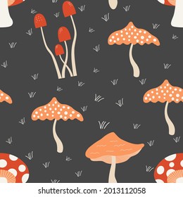 Seamless mushrooms pattern design. Creative background texture for fabric, wrapping, textile, wallpaper, and apparel.