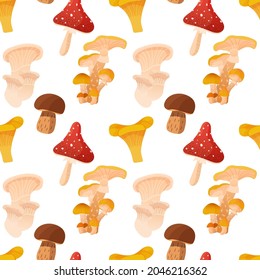 Seamless mushrooms pattern, fly agaric, chanterelles, porcini mushrooms, honey mushrooms. Autumn vector illustration in cartoon style