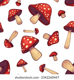 Seamless Mushrooms Pattern on a White Background. Vector
