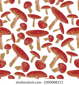 Seamless mushrooms pattern. Red mushroom illustration of mushrooms on white background.