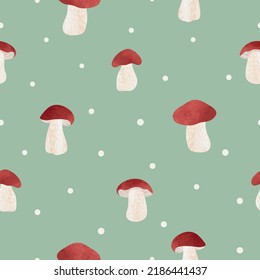 Seamless mushrooms pattern. Vector illustration with boletus mushroom