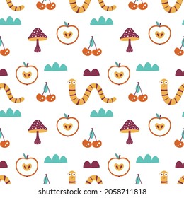 seamless mushrooms, worms, apples and cheries pattern design, creative background texture for fabric, wrapping, textile, wallpaper, and apparel, flat design