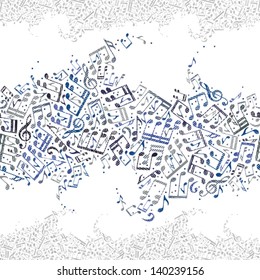 Seamless music background with notes, horizontal composition, vector pattern.