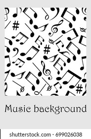 Seamless music background with notes, treble clef, music symbols in monochrome design, vector EPS 10