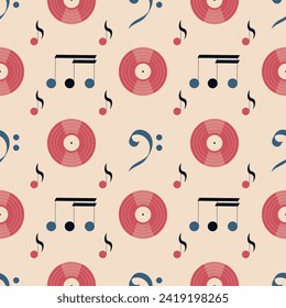 Seamless music background in a retro style. Vinyl records, music notes. Vintage design from the 70's, 80's, 90's. Template for fabric, wallpaper, wrapping paper. Vector illustration.