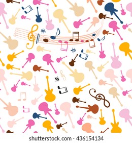 Seamless Music Background. Vector Stave Pattern with Retro Colorful Guitars. Cover Design Notes and Staff Illustration on White Background.