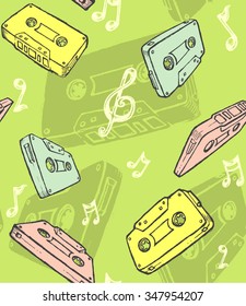 Seamless Music Background-Vintage style background, properly grouped cassette tapes vectorized from my sketch