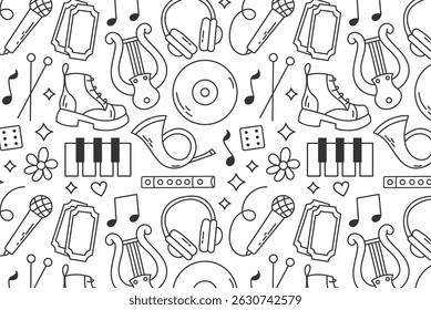 Seamless music festival pattern with hand-drawn instruments and party elements. Fun and colorful design for textiles, packaging, digital papers, and summer event graphics.
