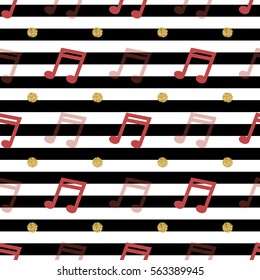 seamless music note with gold dot glitter pattern on stripe background