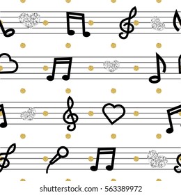 seamless music note with gold and silver glitter pattern background