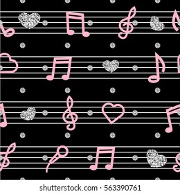 seamless music note with silver glitter pattern background