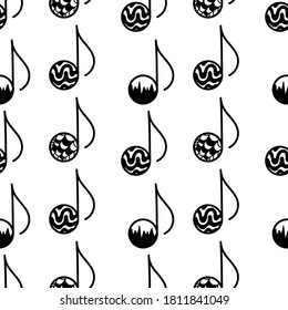 Seamless music pattern black and white. Notes with a pattern on a bright pink background. Hand drawn vector illustration