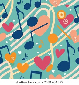 Seamless music pattern with cute hearts, notes, and abstract brush strokes. Fun, modern design perfect for creative backgrounds, textiles, and paper. Trendy, playful texture for a unique look.