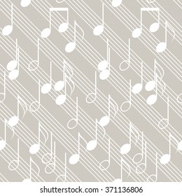 Seamless music pattern with diagonal staff and notes. Elegant print of various musical symbols. Beige and white colors. Vector illustration