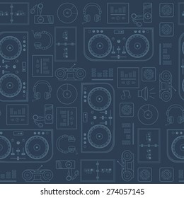 Seamless music pattern. DJ mixer, headphones, music book, equalizer, mp3 player and CD