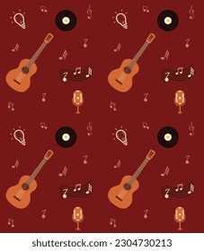 Seamless music pattern, guitar notes, vinyl record, retro style, red backgraund