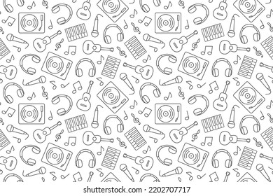 seamless music pattern: headphones, music notes, guitar, gramophone, microphone and piano keys, great for wrapping, textile, wallpaper, greeting card- vector illustration