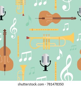 Seamless music pattern with musical instruments. Vector Illustration