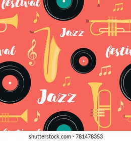 Seamless music pattern with musical instruments. Vector Illustration