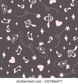 Seamless Music Pattern. Pink on Grey Background.