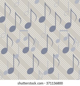 Seamless music pattern with staff and notes. Elegant print of various musical symbols. Beige, blue-grey and white colors. Vector illustration