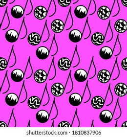 Seamless music pattern in a trending style. Notes with a pattern on a bright pink background. Hand drawn vector illustration