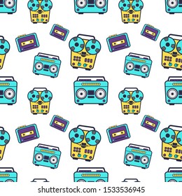 Seamless musical background with cassette player, reel tape recorder and 
record player. Vector illustration
